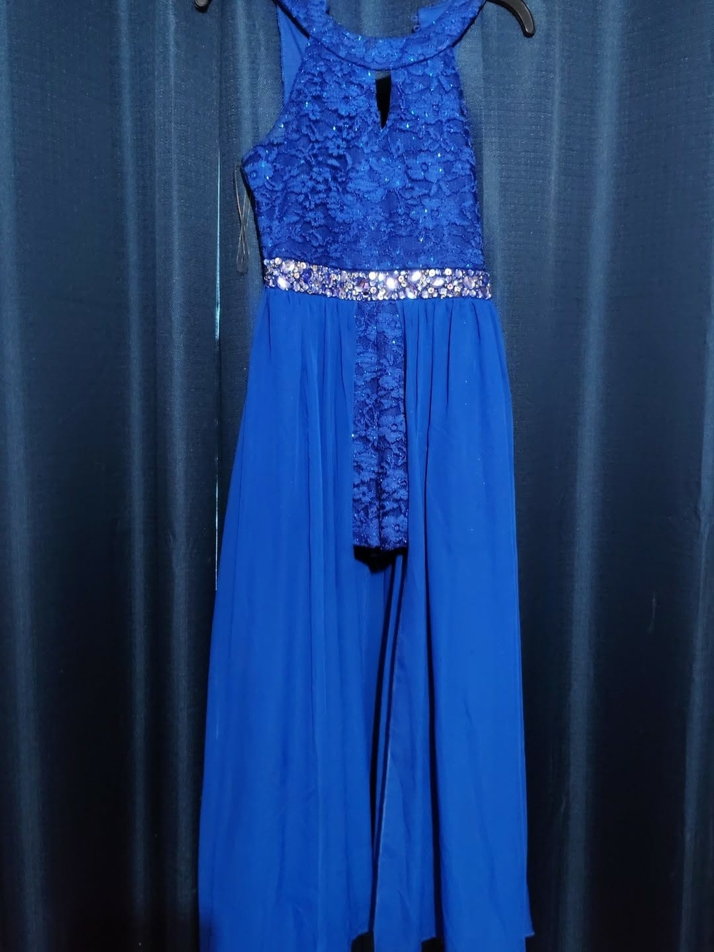 Royal Blue Beaded Lace Halter Evening Gown